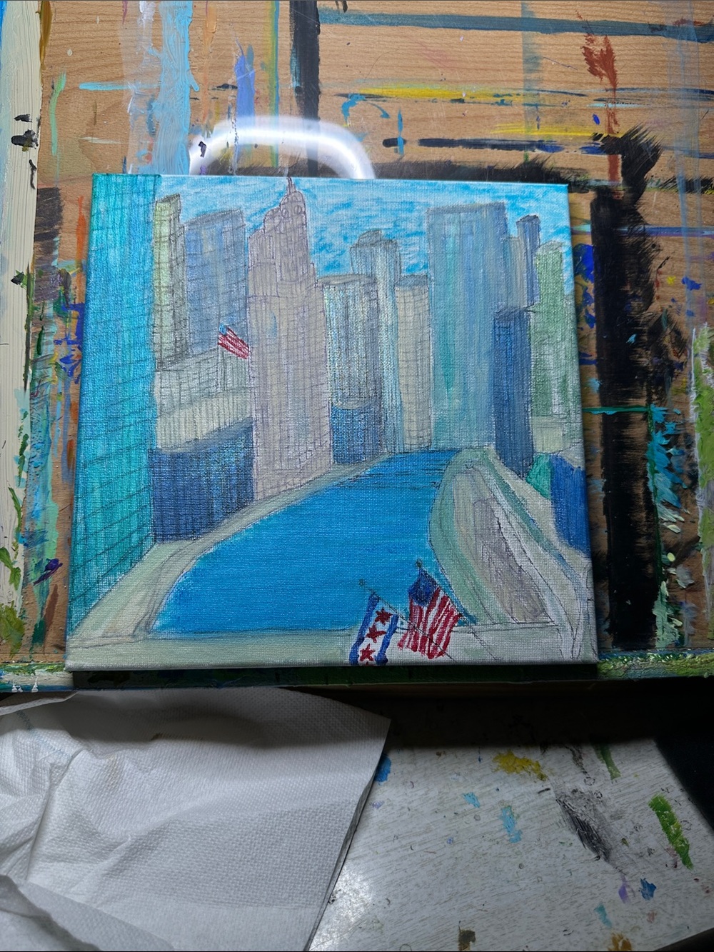 Chicago River Canvas Painting with City and American Flags